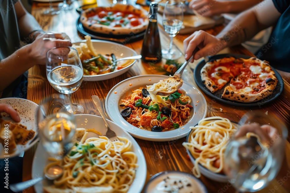 Fototapeta premium Friends Enjoying Italian Cuisine, Delicious Dinner Gathering, Tasty Pasta and Wine Night