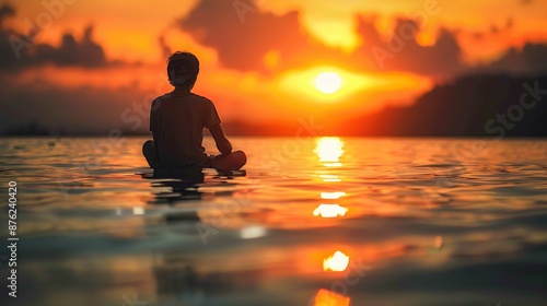 Wallpaper Mural A person sits peacefully in a meditative pose on calm water, facing a stunning sunset. The sky displays a captivating array of warm colors, from deep oranges to soft yellows, reflecting beautifully on Torontodigital.ca
