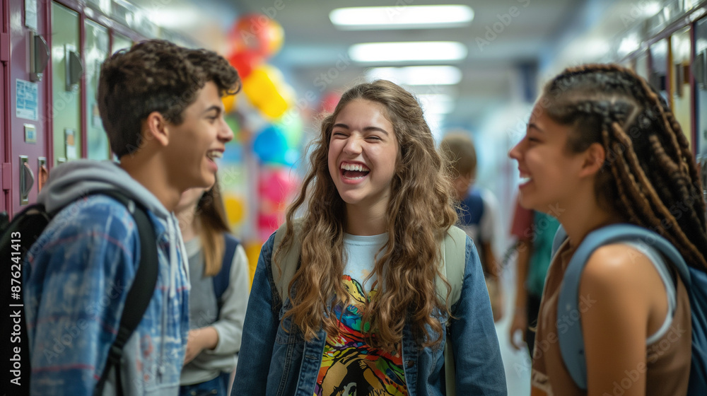 Obraz premium A group of teenagers laughing in a school hallway