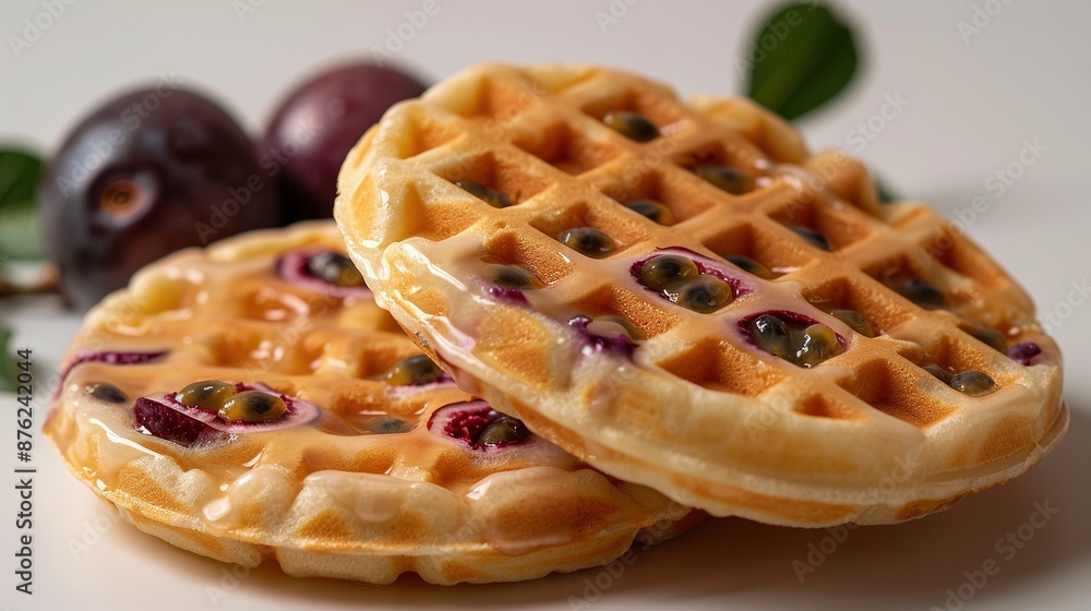 A pair of waffles resting atop a table, beside a pair of plums also perched on the table A pair of waffles resting atop a table, beside a pair of plums also perched on the table