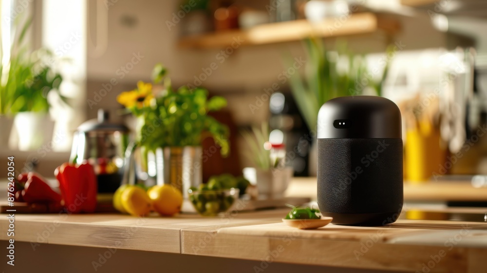 A white speaker sits on a wooden table next to a potted plant A white speaker sits on a wooden table next to a potted plant