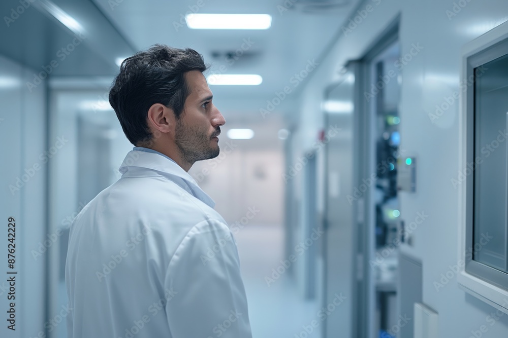 Doctor in a white coat standing in a hospital hallway, looking at a screen. Doctor in a white coat standing in a hospital hallway, looking at a screen.