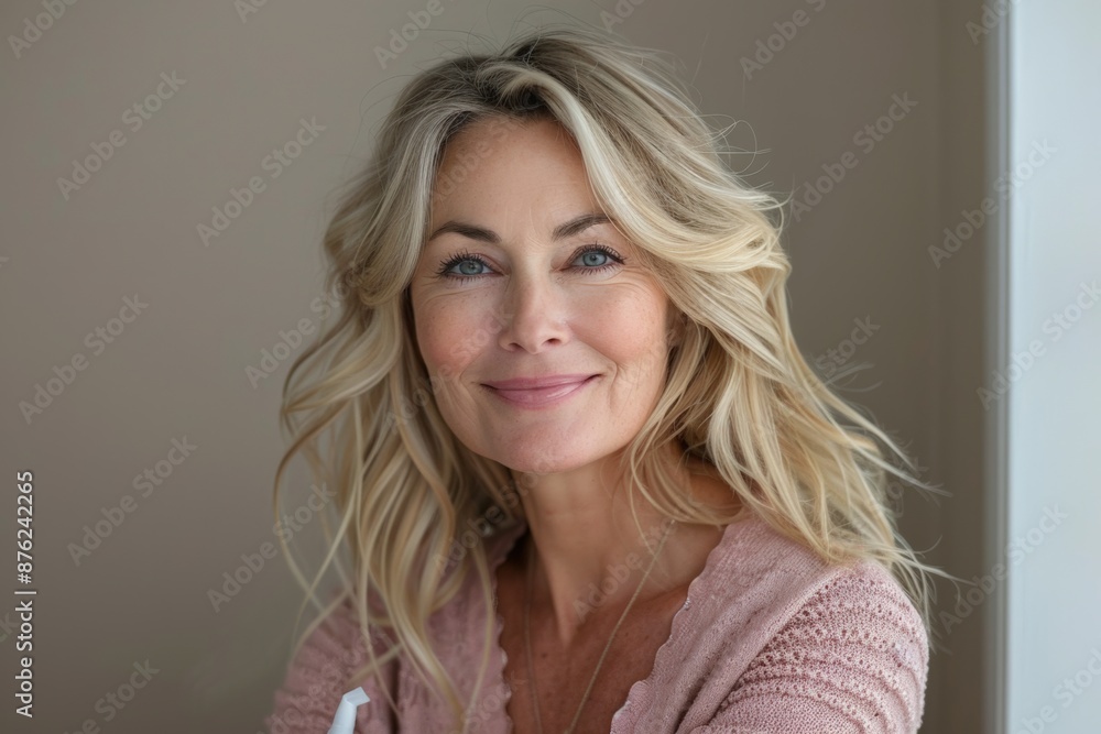 Fototapeta premium Mature woman with long blonde hair looking at her reflection in a warmly lit mirror.