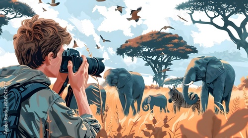 Celebrating World's Photography Day: Illustration of Man Photographing Wildlife