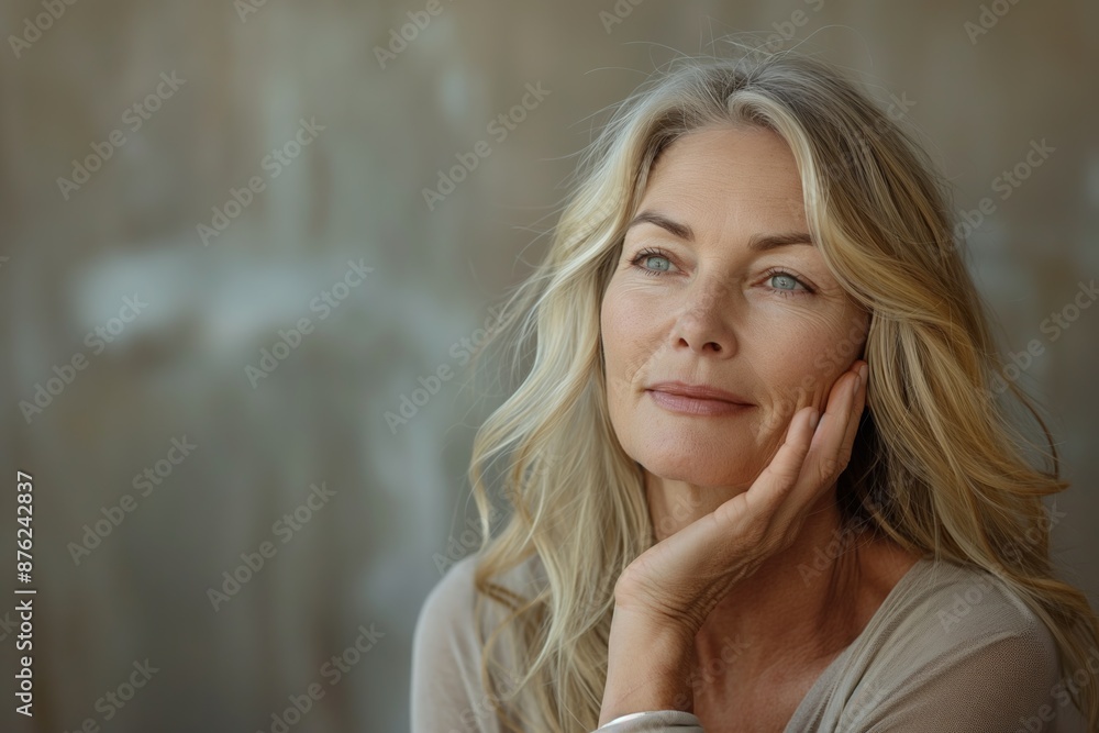 Elegant mature woman in a white robe, looking confidently with a hand in her hair in a softly lit room.