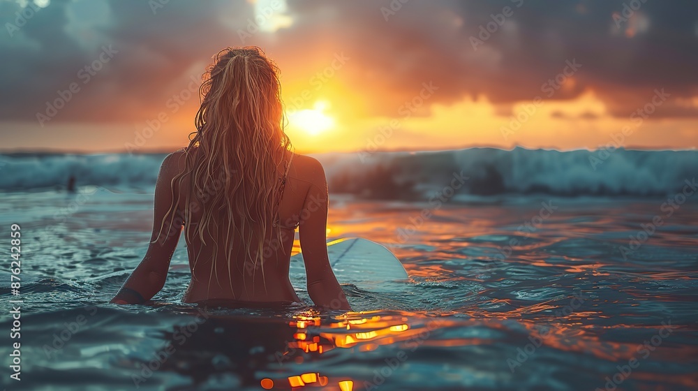 young attractive girl,a surfboard sitting on the beach at sunset.photo young attractive girl,a surfboard sitting on the beach at sunset.photo