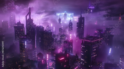Wallpaper Mural A cyberpunk city skyline at night with purple neon lights and mist, depicting a futuristic urban environment with high-tech elements. Torontodigital.ca