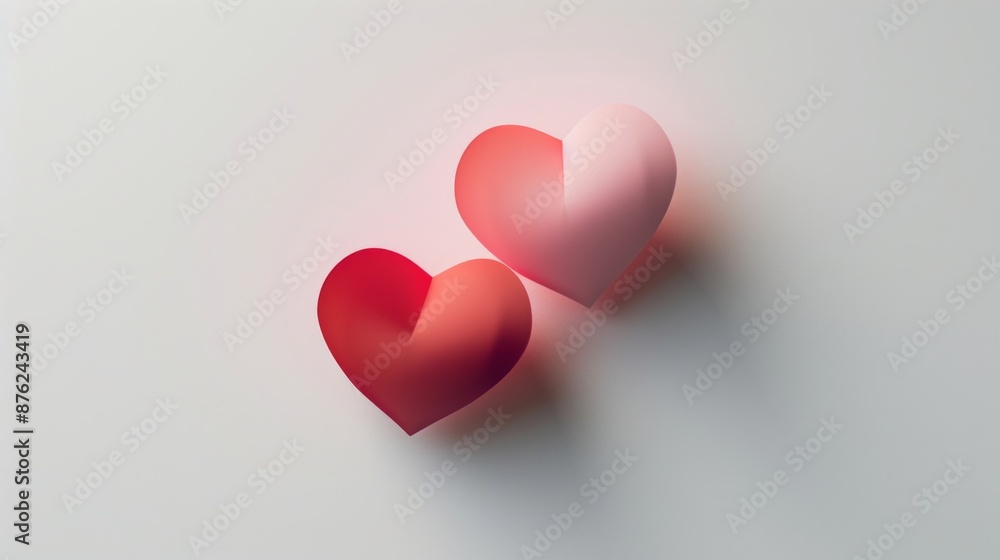 Illustrate a minimalist love concept with two interlocking hearts in red and pink on a clean white background. Add a subtle shadow effect to give depth to the hearts. Illustrate a minimalist love concept with two interlocking hearts in red and pink on a clean white background. Add a subtle shadow effect to give depth to the hearts.