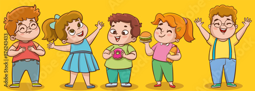 Unhealthy eating, sedentary inactive lifestyle, gluttony problems of overweight kids set vector illustration. Cartoon isolated children with big belly lying on sofa, kids drink and eat fast food