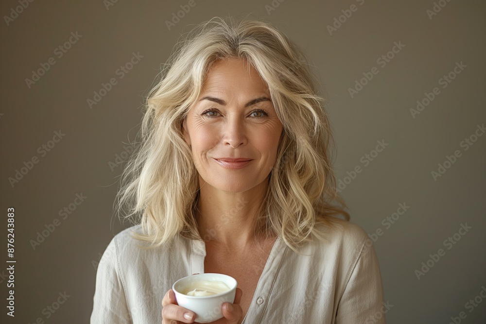 Mature woman applying skincare cream in a well-lit bathroom, emphasizing self-care and beauty routine. Mature woman applying skincare cream in a well-lit bathroom, emphasizing self-care and beauty routine.