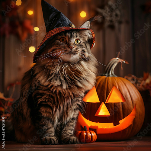 Halloween cats with witch's hat and jack-o-lantern. Square frame