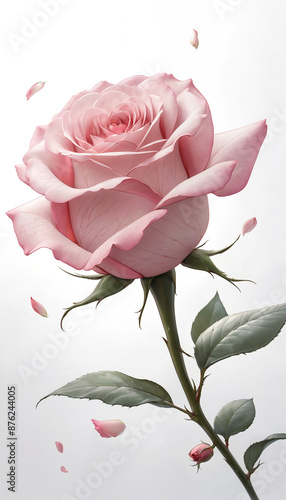 Pink Rose with Leaves on white background