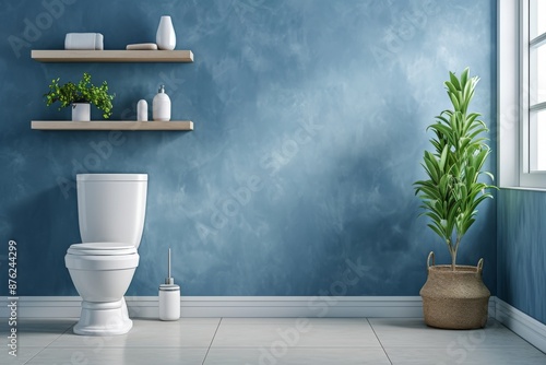 A bright blue bathroom with a white toilet.