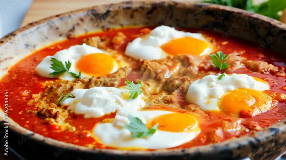 Savory shakshuka with poached eggs and fresh herbs close-up Savory shakshuka with poached eggs and fresh herbs close-up
