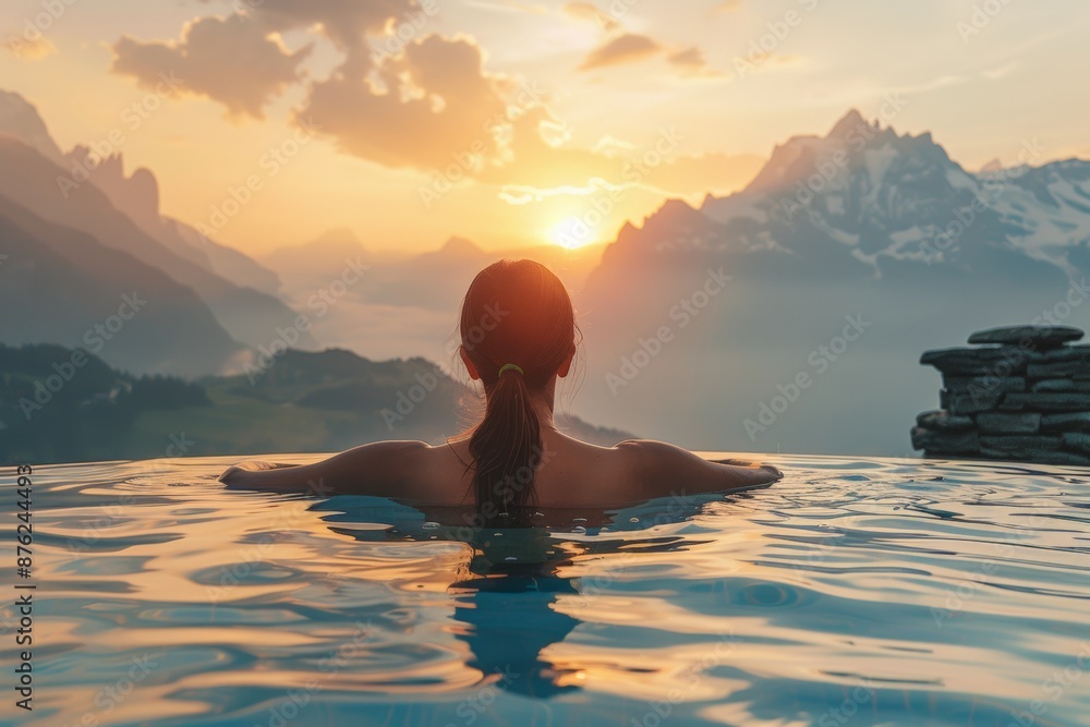 Woman immersed in an infinity pool, watching a breathtaking mountain sunset, embodying peace and tranquility. Woman immersed in an infinity pool, watching a breathtaking mountain sunset, embodying peace and tranquility.