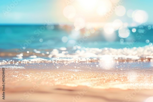 A serene beach scene highlighting the glistening sun reflecting off the gentle waves and soft, sandy shore