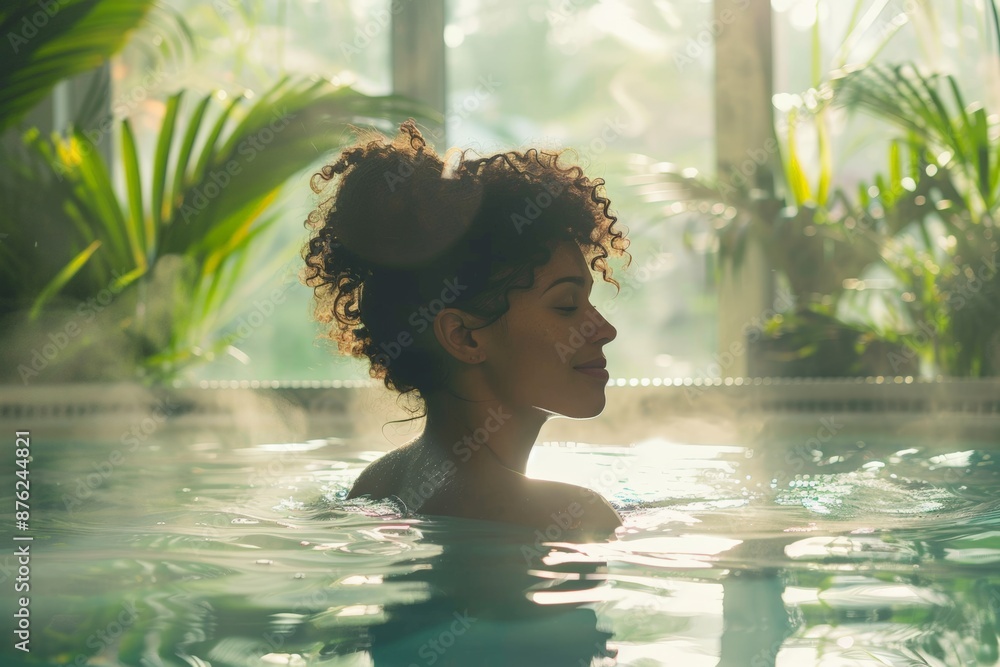 Woman swimming in a lush tropical pool, surrounded by vibrant greenery and natural beauty. Woman swimming in a lush tropical pool, surrounded by vibrant greenery and natural beauty.