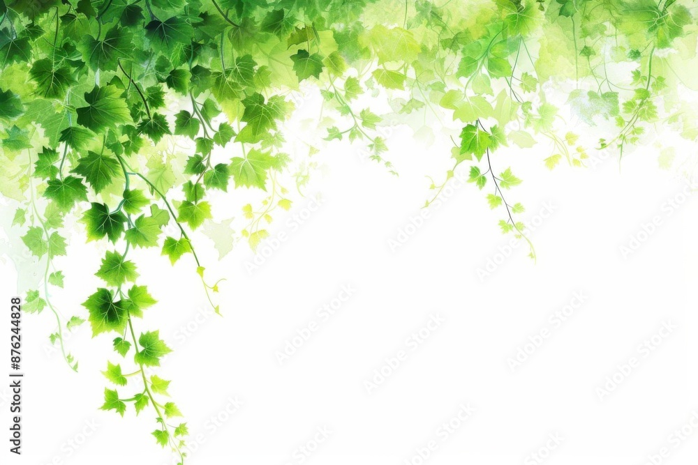 Elegant watercolor painting of green ivy leaves cascading from the top, set against a white background, perfect for nature-themed designs. Elegant watercolor painting of green ivy leaves cascading from the top, set against a white background, perfect for nature-themed designs.