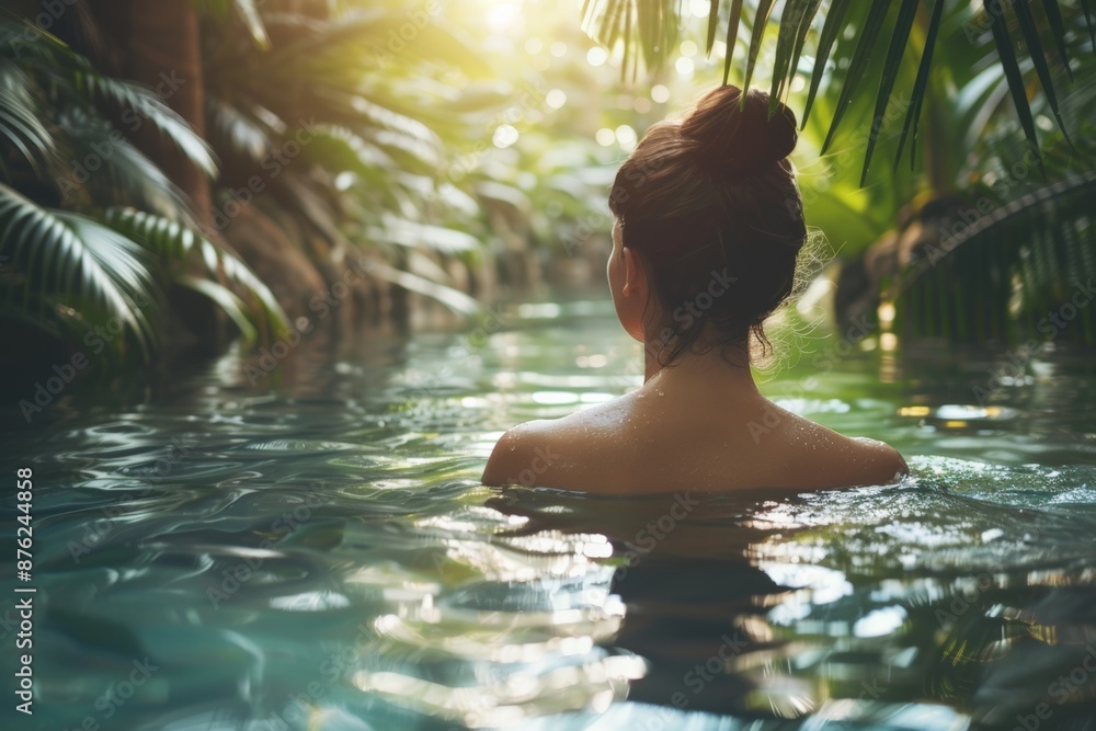 Woman swimming in a lush tropical pool, surrounded by vibrant greenery and natural beauty. Woman swimming in a lush tropical pool, surrounded by vibrant greenery and natural beauty.