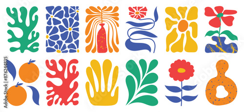 Botanical doodle background art vector set. Flower and leaves abstract shape doodle art design for print, wallpaper, clipart, wall art for home decoration.