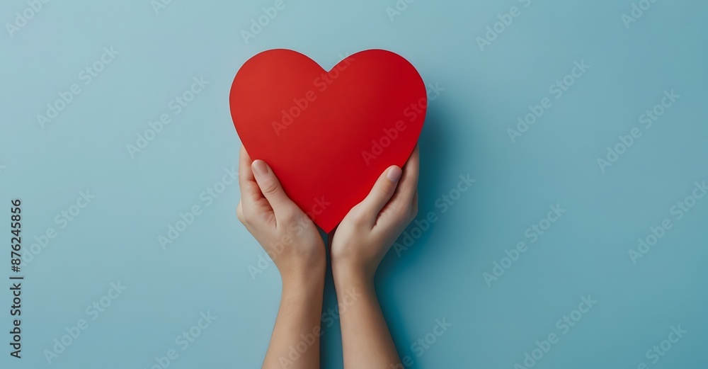 hands holding a red paper heart blue background. Donate, charity, happiness, healthcare and medical concept hands holding a red paper heart blue background. Donate, charity, happiness, healthcare and medical concept