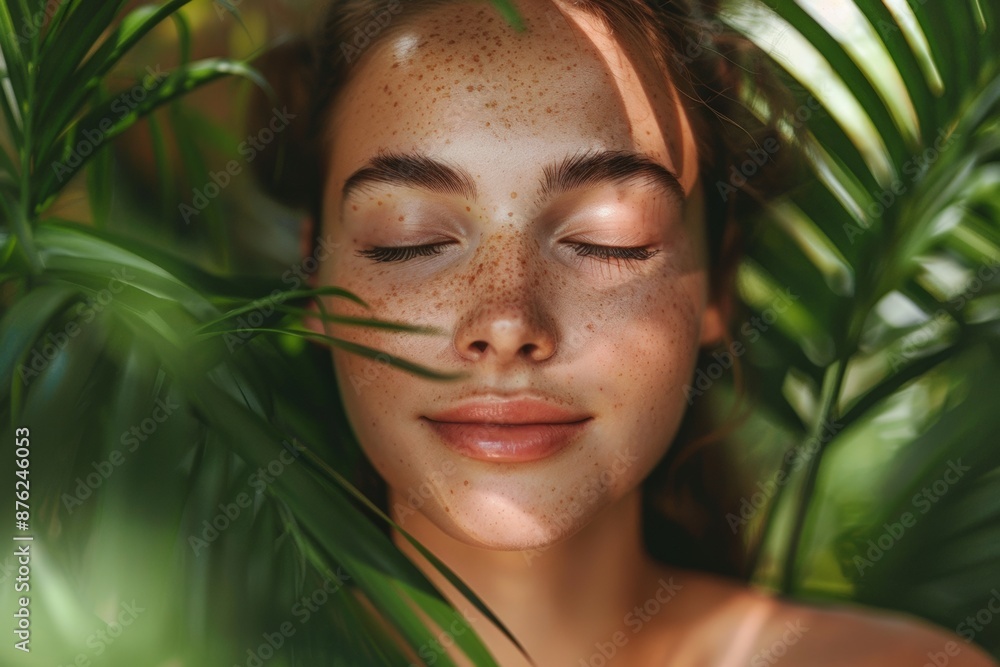 Close-up of a serene woman with freckles, eyes closed, surrounded by lush green leaves. Close-up of a serene woman with freckles, eyes closed, surrounded by lush green leaves.