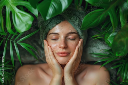 Close-up of a serene woman with freckles, eyes closed, surrounded by lush green leaves.