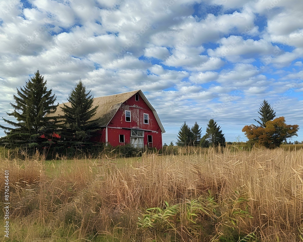 Red barn and pine trees on grassy field, Canadian prairie landscape with cloudy sky in background Red barn and pine trees on grassy field, Canadian prairie landscape with cloudy sky in background