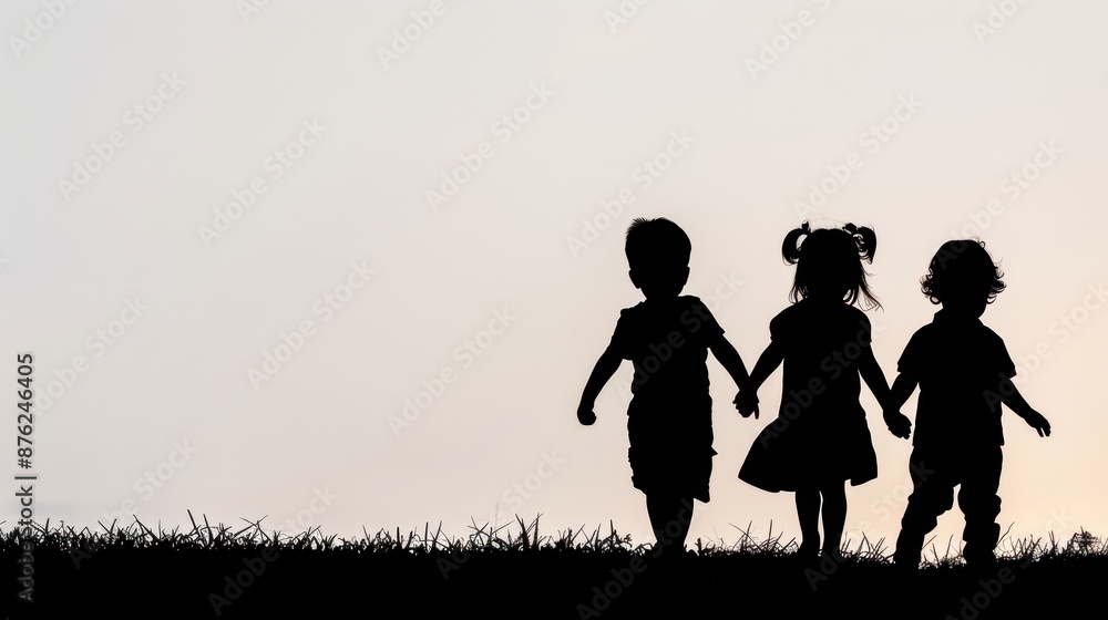 Silhouette of three children holding hands, walking on grass against sunset, symbolizing friendship and innocence. Silhouette of three children holding hands, walking on grass against sunset, symbolizing friendship and innocence.