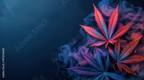 Vibrant red and blue cannabis leaves with smoke on a dark background, creating a colorful and mystical scene perfect for various creative uses.