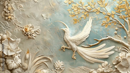 Decorative wall art featuring volumetric exotic birds in stucco with gold details, enhancing interior design aesthetics.