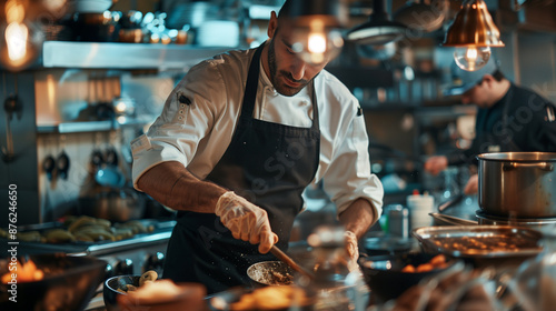 Chef focused on preparing gourmet dishes in a busy kitchen.