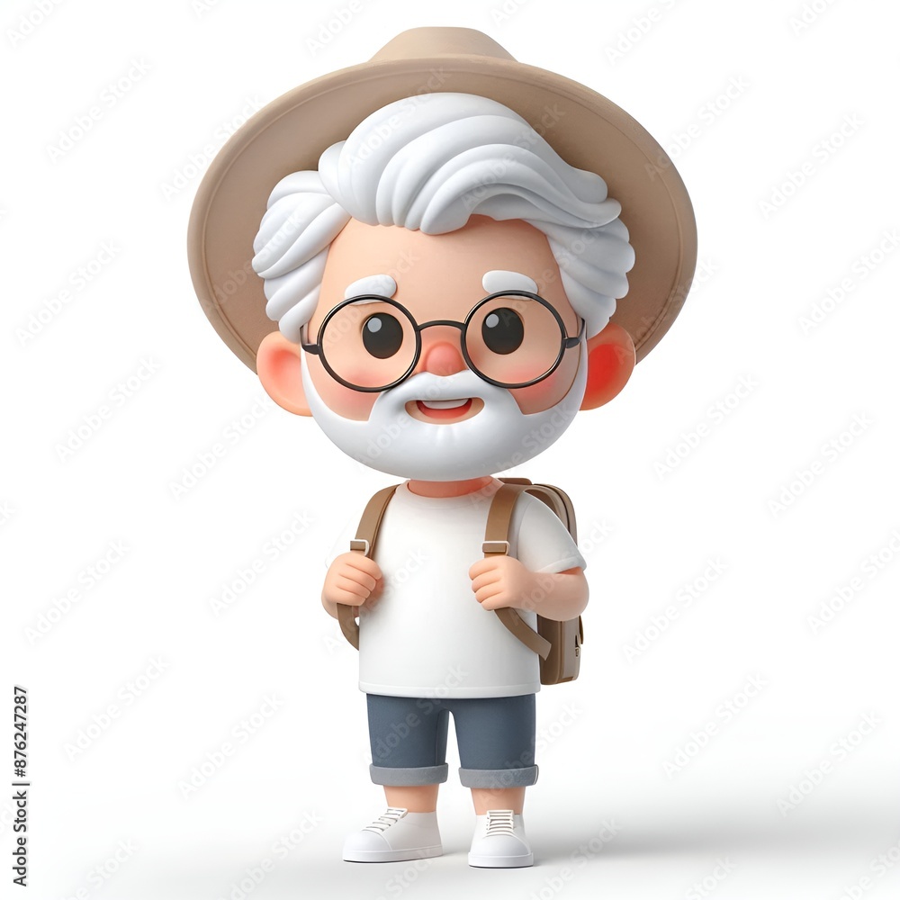 3D cartoon character of an elderly man carrying a backpack dressed like a tourist. 3D cartoon character of an elderly man carrying a backpack dressed like a tourist.
