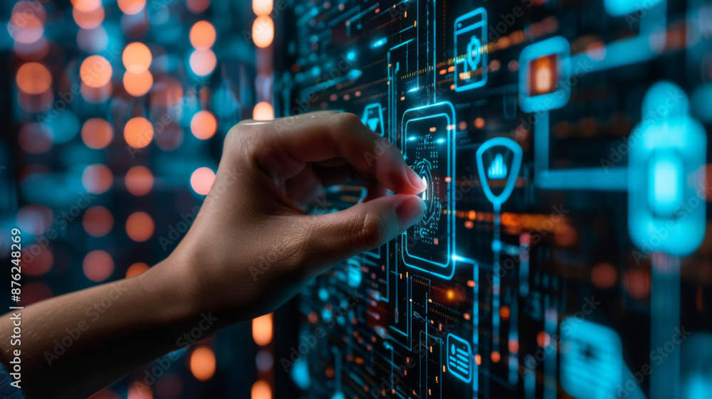 Business hand clicks virtual screen to the icon security on the virtual display to Data protection Cyber Security Privacy Business hand clicks virtual screen to the icon security on the virtual display to Data protection Cyber Security Privacy