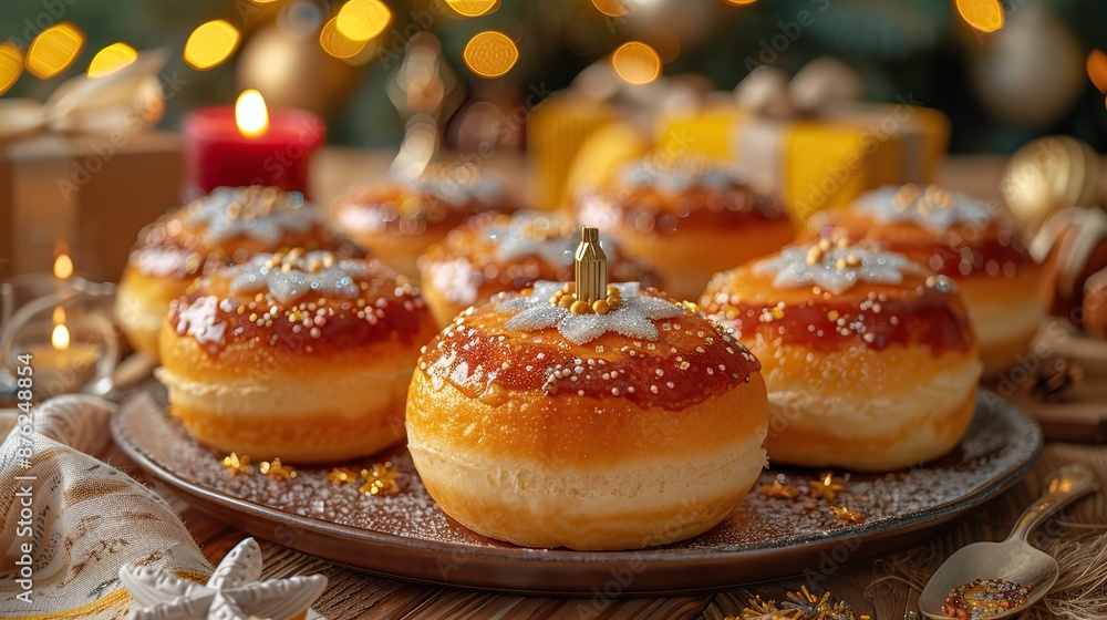 happy hanukkah flat lay composition,menorah jelly doughnut plate,napkin,cutlery gift boxes on yellow background.illustration happy hanukkah flat lay composition,menorah jelly doughnut plate,napkin,cutlery gift boxes on yellow background.illustration