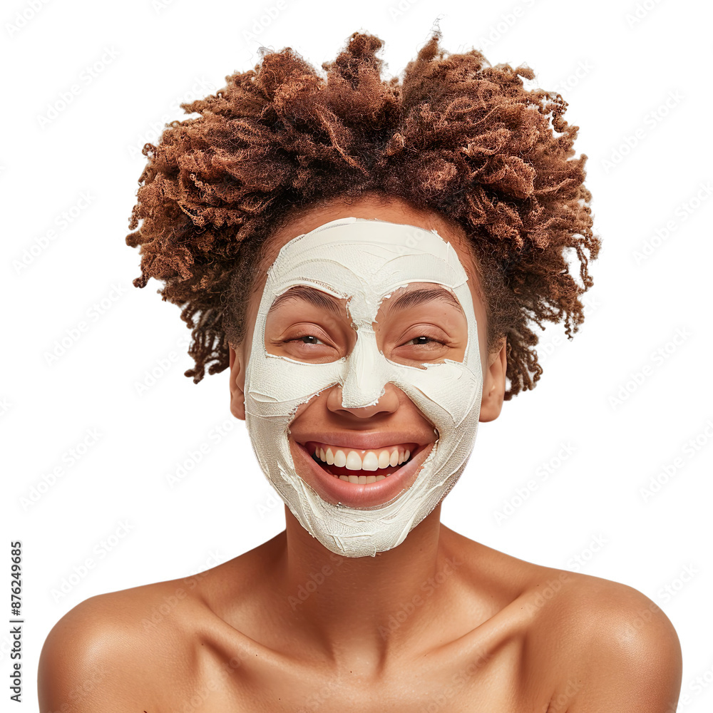 Fototapeta premium Cheerful woman with smooth skin, wearing a face mask and smiling on a white background.