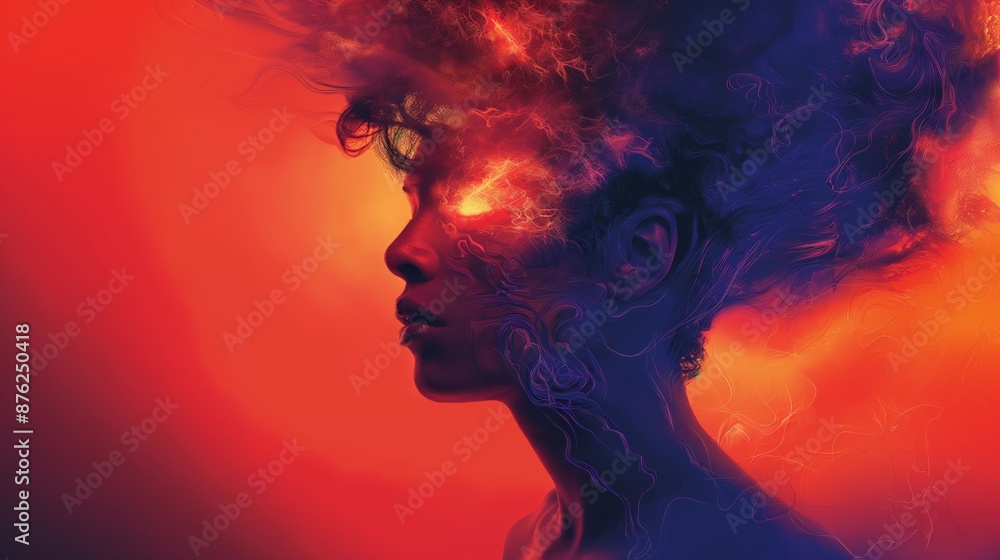 woman with fire glowing in her eyes, illustration portrait in blue red woman with fire glowing in her eyes, illustration portrait in blue red