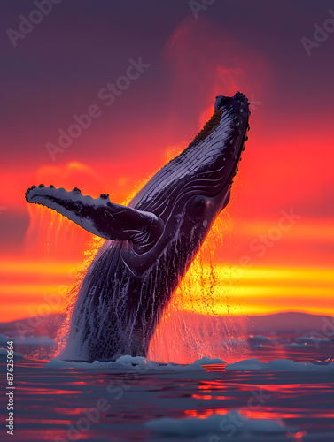 A humpback whale breaching the artic ocean with a sunset