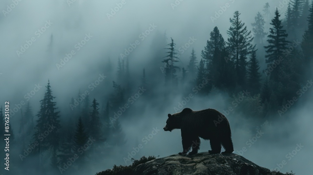 Silhouette of a bear standing on a rocky outcrop in a foggy forest, surrounded by evergreen trees and misty atmosphere. Silhouette of a bear standing on a rocky outcrop in a foggy forest, surrounded by evergreen trees and misty atmosphere.