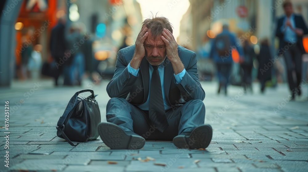 Stressed businessman in a suit sitting on a busy city street, holding his head in frustration. Overcrowded and fast-paced urban life concept. Stressed businessman in a suit sitting on a busy city street, holding his head in frustration. Overcrowded and fast-paced urban life concept.