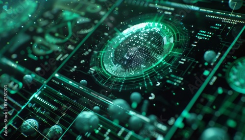 futuristic healtcare digitalization, displays, holograms, green tones