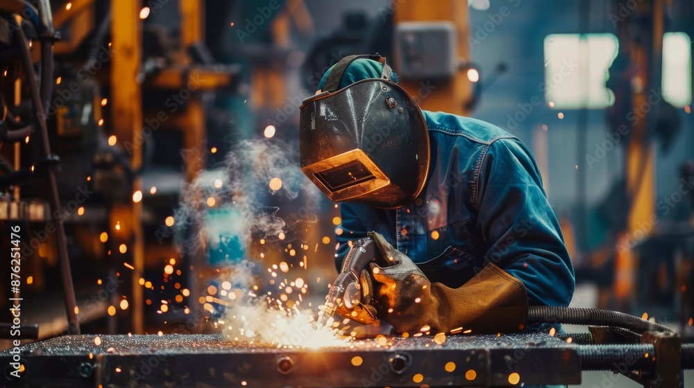 Industrial welder with sparks flying while welding metal Industrial welder with sparks flying while welding metal
