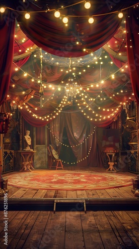Vintage circus stage with classic props and nostalgic decor, Retro, Warm tones, Soft lighting, Digital painting