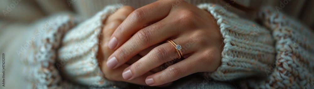 Close-up of hands with a cozy sweater, showcasing elegant rings in a serene and intimate setting. Close-up of hands with a cozy sweater, showcasing elegant rings in a serene and intimate setting.