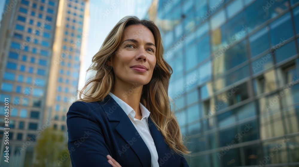 Confident businesswoman in formal attire standing in front of modern office building, embracing success and urban lifestyle.
