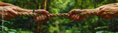 Close-up of hands pulling a rope in a tug-of-war game, symbolizing teamwork, competition, and collaboration in a green forest setting.