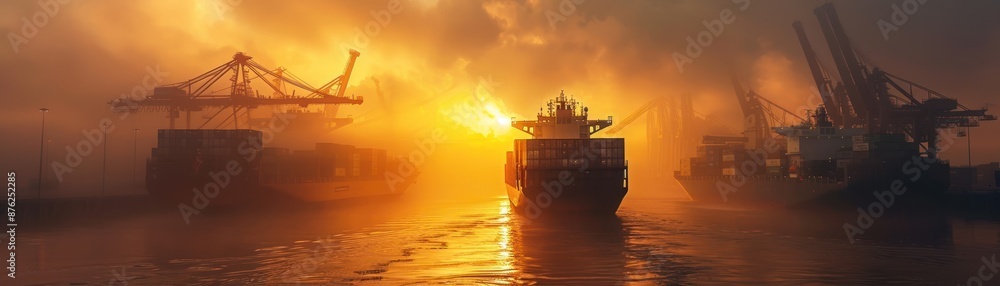 Dramatic sunset over a busy harbor with cargo ships and cranes silhouetted against the vibrant sky.
