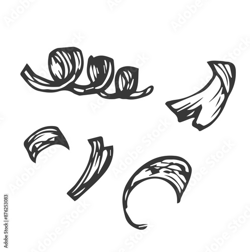 Shaving vector icon. Hand drawn illustration isolated on white background. Spiral peel from woodcarving, carpentry. Natural wood chips, biofuel.