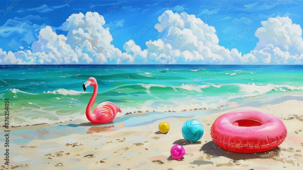 Beach scene with toys and a flamingo floatie on sandy shores, tranquil ocean in the background, evoking memories of playful and relaxing summer days Beach scene with toys and a flamingo floatie on sandy shores, tranquil ocean in the background, evoking memories of playful and relaxing summer days