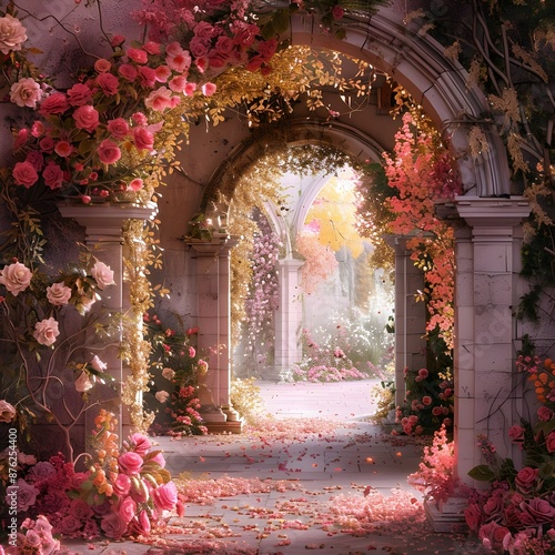 The arch uropean style with lots of flowers around generative AI